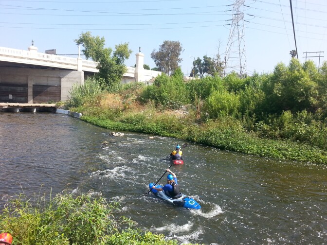 Advanced whitewater boaters from the L.A. Kayak Club take on the L.A. River one hot summer Sunday.