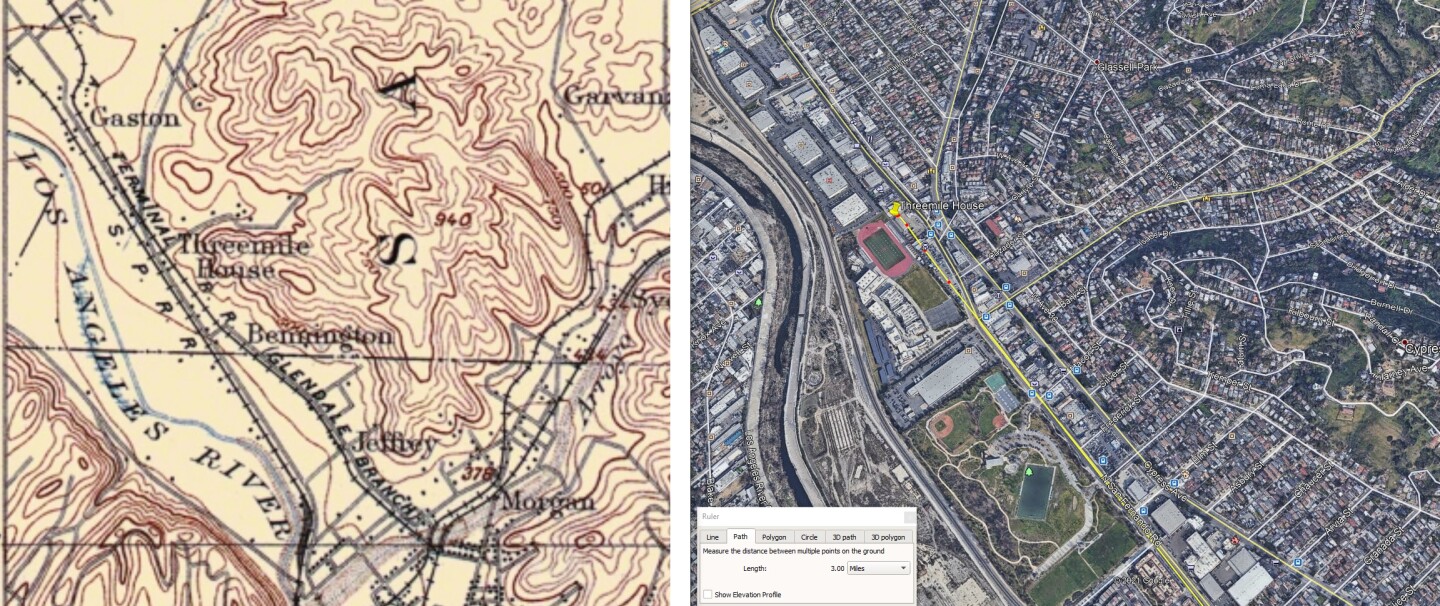 an old drawing of a map (left) and an overhead color picture of the same area (right)