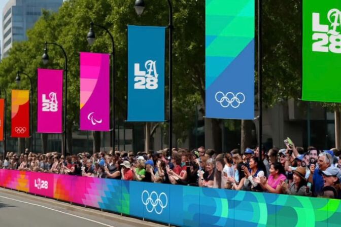 A rendering shows crowds of people along a street, banners in bright blues, greens, and pinks line the roadway.