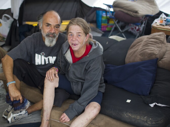 Ronald Armijo and his girlfriend of 20 years, Peggie Sue, have lived in the Arroyo Seco riverbed for six months. Armijo has spoken at public forums appealing to city councils for help in the encampments.