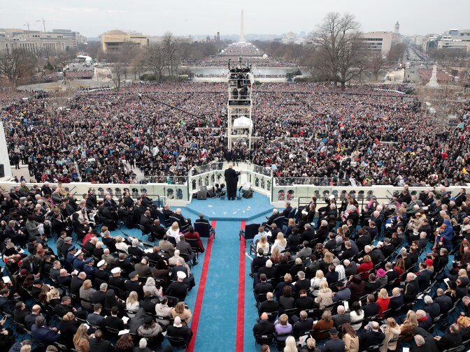 WASHINGTON, DC - JANUARY 20:  President Donald Trump gives his inaugural speech on the West Front of the U.S. Capitol on January 20, 2017 in Washington, DC. In today's inauguration ceremony Donald J. Trump becomes the 45th president of the United States.  (Photo by Scott Olson/Getty Images)