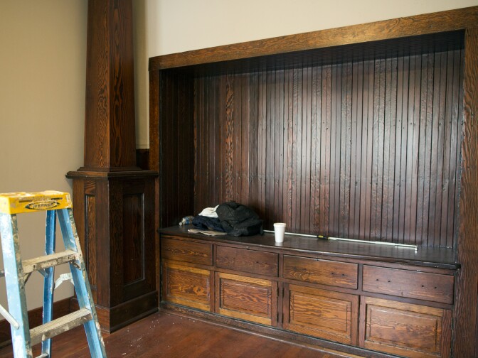 The original cabinet and drawers where plates and flatware were stored at the Italian Hall have been restored in the office space inside the new Italian American Museum of Los Angeles.