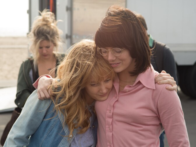 Andrea Riseborough and Emma Stone in the film "Battle of the Sexes."