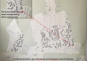 The map shows homes in the Ondulando and Clearpoint neighborhoods that were destroyed in the Thomas Fire, and the arrow indicates a home that was saved by a man who stayed behind after a mandatory evacuation order.