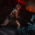 Man in leather gladiator outfit, wielding a long axe, fights a dark skeleton type creature. 