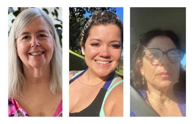 A side by side picture of three women. The two on the left have light peach-colored skin, while the one on the right wears glasses and has more of a light brown tone to her skin.