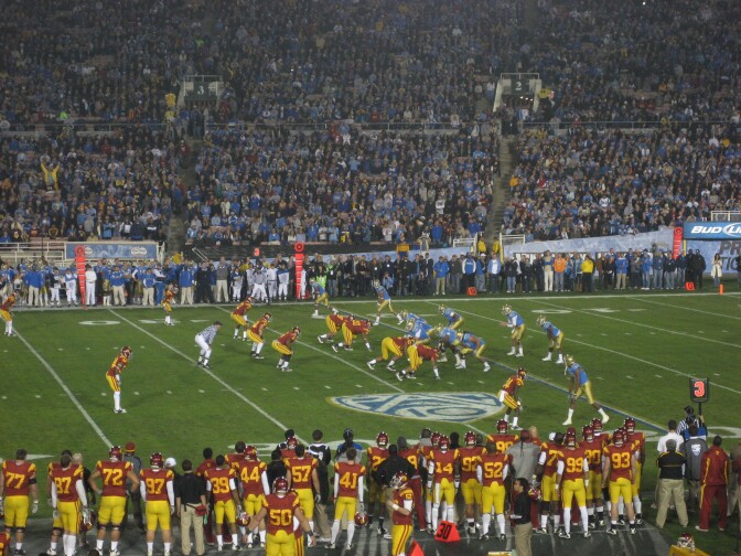 UCLA's football team calls the Rose Bowl home. But neither UCLA nor USC (as seen at UCLA's final home game in December) will play in the Rose Bowl game this year. Instead, Texas Christian University will face Wisconsin.