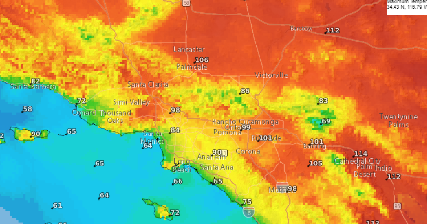 A geothermal map of SoCal in shades of orange, yellow and green with white numbers over different cities.