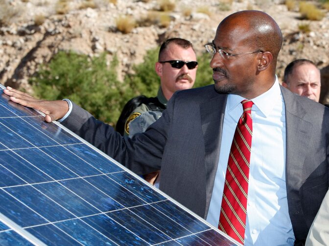 In August, Van Jones visited a solar-powered emergency station set up by the Las Vegas police department. While serving in the Obama administration, Jones promoted the creation of "green jobs" as a way to boost the economy and clean up the environment. Stimulus funding for such projects is expected to begin in earnest this fall.