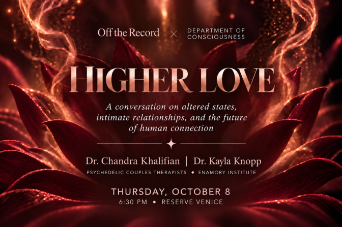 Event poster for 'Higher Love' shows a glowing red lotus flower with fiery light trails against a dark background.