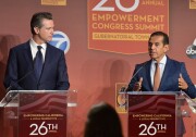 FILE: Lt. Gov. Gavin Newsom, left, and former Los Angeles Mayor Antonio Villaraigosa appear at the 26th Annual Empowerment Congress Summit gubernatoral town hall on Jan. 13, 2018 at USC.