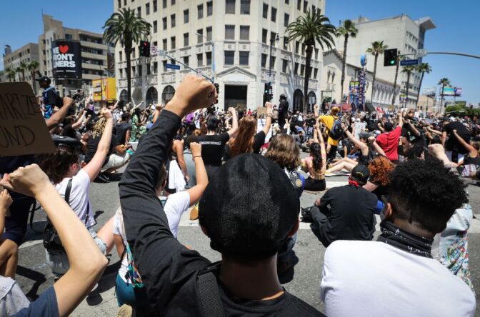 LOS ANGELES, CALIFORNIA - JUNE 03: Protesters gather at a peaceful demonstration over George Floyd’s death in Hollywood on June 3, 2020 in Los Angeles, California. California Governor Gavin Newsom deployed National Guard troops to Los Angeles County following unrest which occurred amid some demonstrations. Former Minneapolis police officer Derek Chauvin was taken into custody for Floyd's death and is now charged with second-degree murder while three other former officers have also been charged. (Photo by Mario Tama/Getty Images)