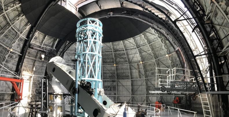 The interior of the Hooker Telescope dome. The 100-inch telescope is in the center.