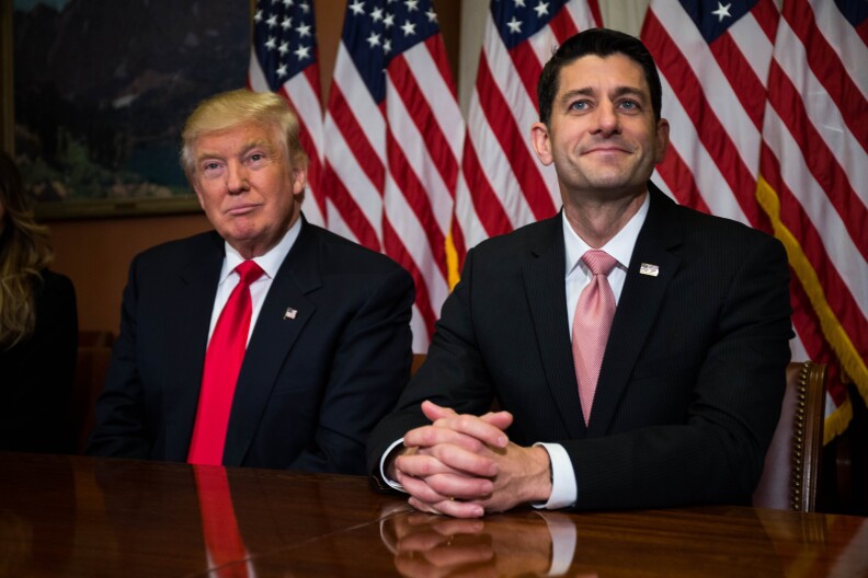 WASHINGTON, D.C. - NOVEMBER 10: President-elect Donald Trump meets with House Speaker Paul Ryan (R-WI) at the U.S. Capitol for a meeting November 10, 2016 in Washington, DC. Earlier in the day president-elect Trump met with U.S. President Barack Obama at the White House. (Photo by Zach Gibson/Getty Images)