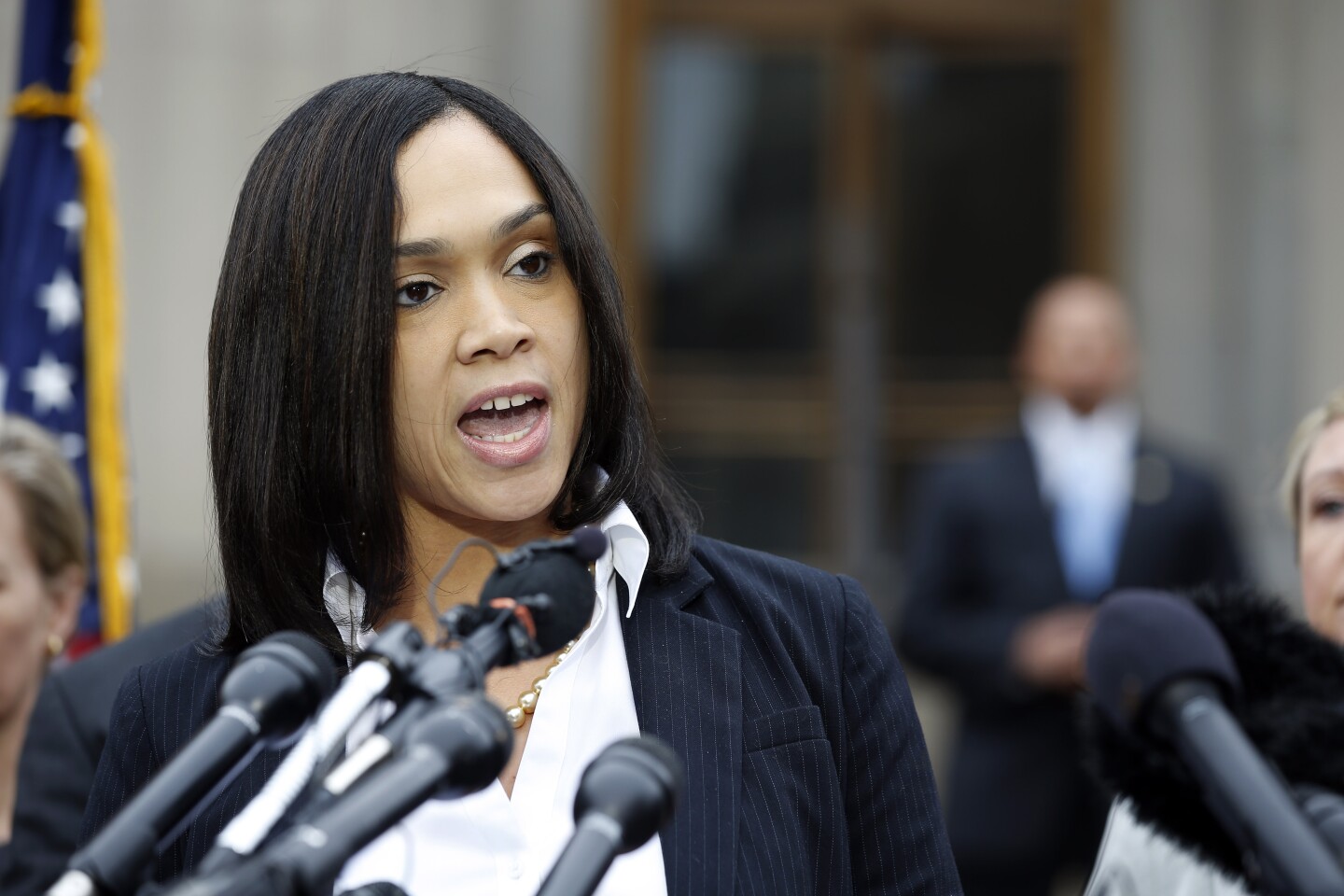 Marilyn Mosby, Baltimore state's attorney, speaks during a media availability, Friday, May 1, 2015 in Baltimore. Mosby announced criminal charges against all six officers suspended after Freddie Gray suffered a fatal spinal injury in police custody.   (AP Photo/Alex Brandon)