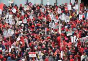 Striking teachers and their supporters rally in downtown Los Angeles, California on the second day of the teachers strike, on January 15, 2019. - Teachers of the Los Angeles Unified School District (LAUSD), the second largest public school district in the United States, are striking for smaller class size, better school funding and higher teacher pay. (Photo by Robyn Beck / AFP)        (Photo credit should read ROBYN BECK/AFP/Getty Images)