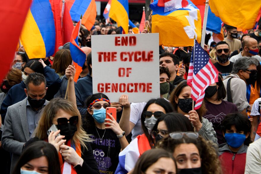 People protest outside of the Turkish Consulate on the anniversary of the Armenian genocide in a demonstration organized by the Armenian Youth Federation (AYF) on April 24, 2021 in Beverly Hills, California. - President Joe Biden's recognition of the Armenian genocide was met Saturday by tempered satisfaction from the nation's US diaspora, with some saying the words need to result in more pressure against Turkey. Marchers gathered in Los Angeles, home to one of the largest Armenian communities in the world, to mark the day with Armenian flags and calls for accountability. (Photo by Patrick T. FALLON / AFP) (Photo by PATRICK T. FALLON/AFP via Getty Images)