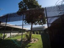 Looking through a mesh metal fence with razor wire on top. On the other side, people in neon green jail clothes are walking and standing outside of a building. 