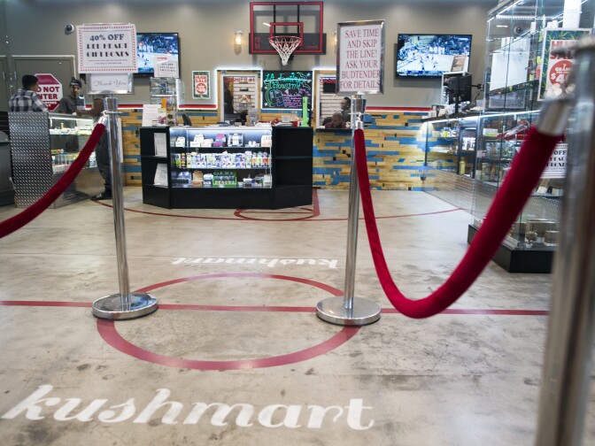 Kushmart, one of the largest medical marijuana dispensaries in downtown Los Angeles, has a sports-themed interior.