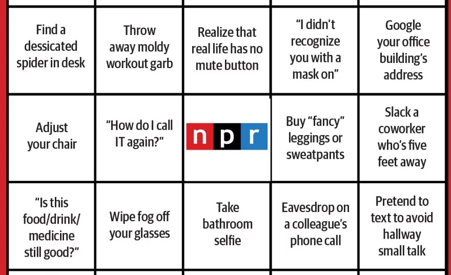 A Bingo card grid shows the NPR logo in red, black, and blue in the center square, surrounded by text in the other boxes. For example, one reads "Adjust your chair." Another reads "Google your office building's address."
