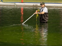 a man in a hat and waders stands waist deep in a body of green water and holds a long pole