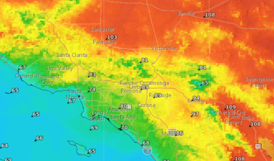 A geothermal map of SoCal in shades of orange, yellow and green with white numbers over different cities.