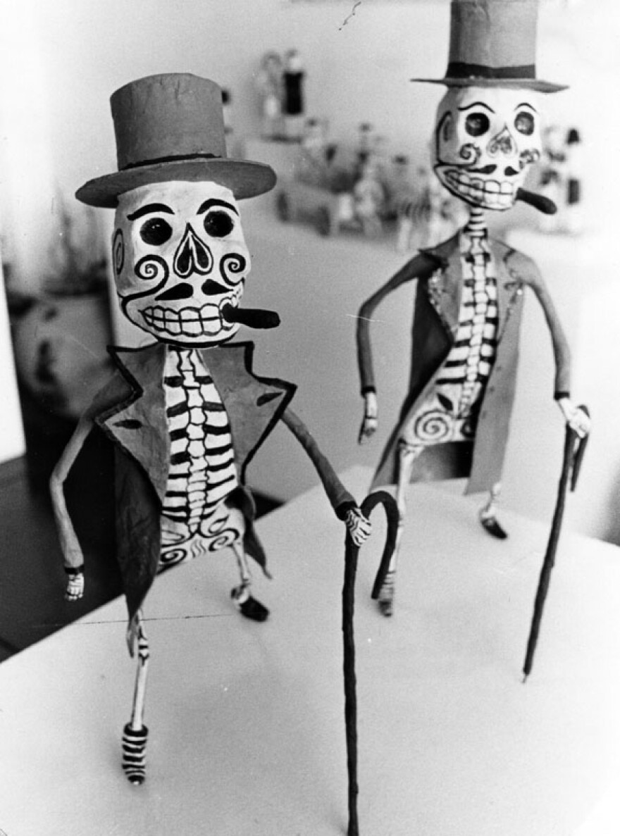 Oct. 28, 1982 Craft and Folk Art Museum: "These dapper papier-mache skeletons help celebrate the Day of the Dead"