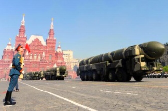 Russian Topol-M intercontinental ballistic missiles drive through Red Square during the nation's Victory Day parade in Moscow.