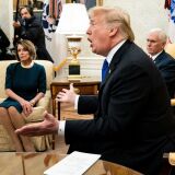 Presumptive Speaker, House Minority Leader Nancy Pelosi (D-CA) (L) and US Vice President Mike Pence (R) listen while US President Donald Trump makes a statement to the press before a meeting at the White House December 11, 2018 in Washington, DC. (Photo by Brendan Smialowski / AFP)        (Photo credit should read BRENDAN SMIALOWSKI/AFP/Getty Images)