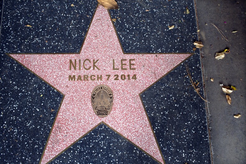 A star for officer Nicholas Lee sits at the front steps of LAPD's Hollywood Division. Lee was killed when his patrol car collided with a commercial vehicle on March 7.