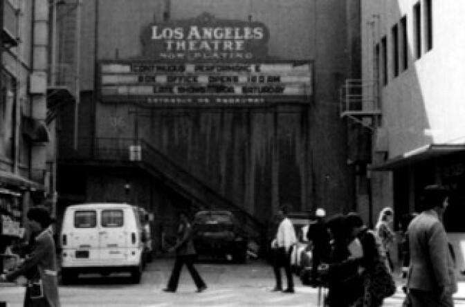 A undated photo of the back of the Los Angeles Theatre in downtown LA, purchased by Ezat Delijani in 1982 at Mayor Bradley's request. 