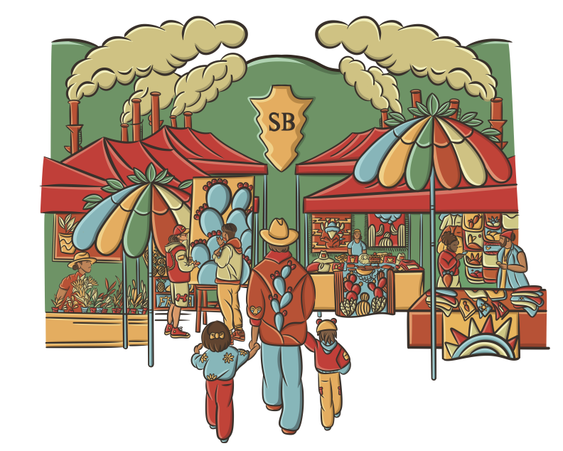 A colorful illustrated image depicts a man holding the hands of two children as they walk by local businesses.