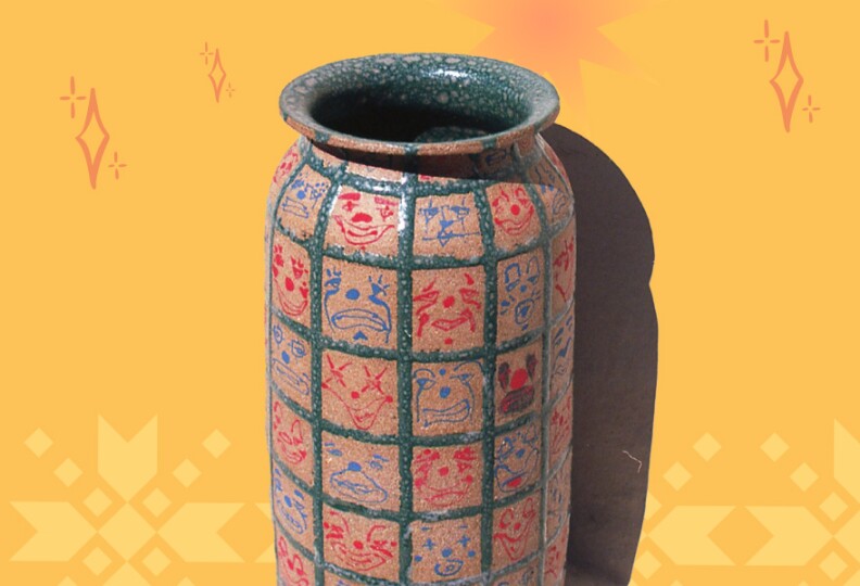 A multi-colored vase with a tile pattern as part of it's design contains different clown faces in each tile painted blue and red