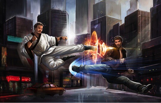 A production illustration of "Legend of 18," in production by Orb Media Group, depicting characters Kuang Ju and Joey Sawyer in the middle of a street fight.