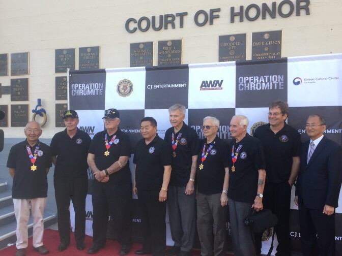 Veterans of the Korean War on the red carpet outside American Legion Post 43 in Hollywood. They gathered for the first screening in North America of the new movie 'Operation Chromite.' It tells the true story of a small team of South Korean soldiers who played a key role in the success of the 1950 landing at Incheon.