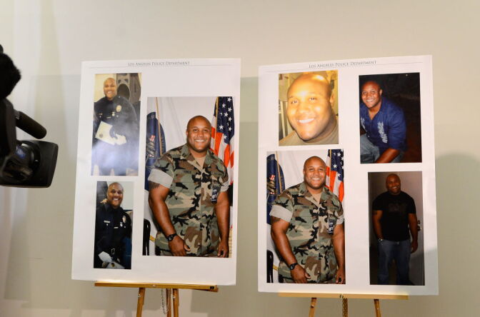 Pictures provided by Los Angeles Police Department of alleged suspect Christopher Dorner are displayed during briefing on February 7, 2013 in Los Angeles, California. A former Los Angeles police officer Christopher Jordan Dorner, 33, who had allegedly warned he would target law enforcement, is suspected three police officers killing one. Dorner is also a suspect in two weekend killings of  Monica Quan and Keith Lawrence who were found dead in a car inside a parking structure.