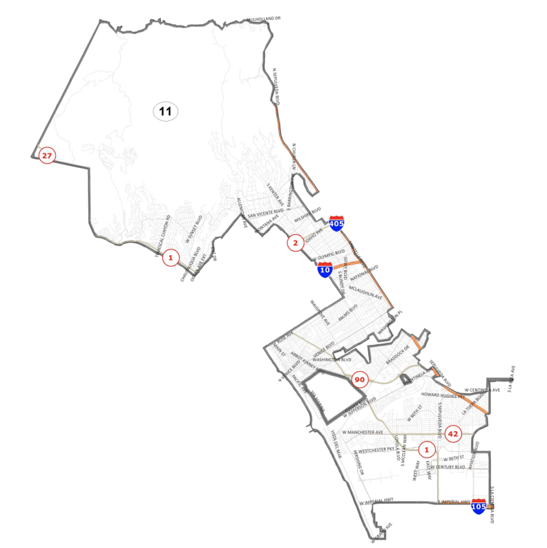 Map shows boundaries of District 11 which include all or part of the following Westside neighborhoods:s, Venice, Mar Vista, Westchester, Playa del Rey, Brentwood, Del Rey, Playa Vista, Ladera, Sawtelle,and the Pacific Palisades.