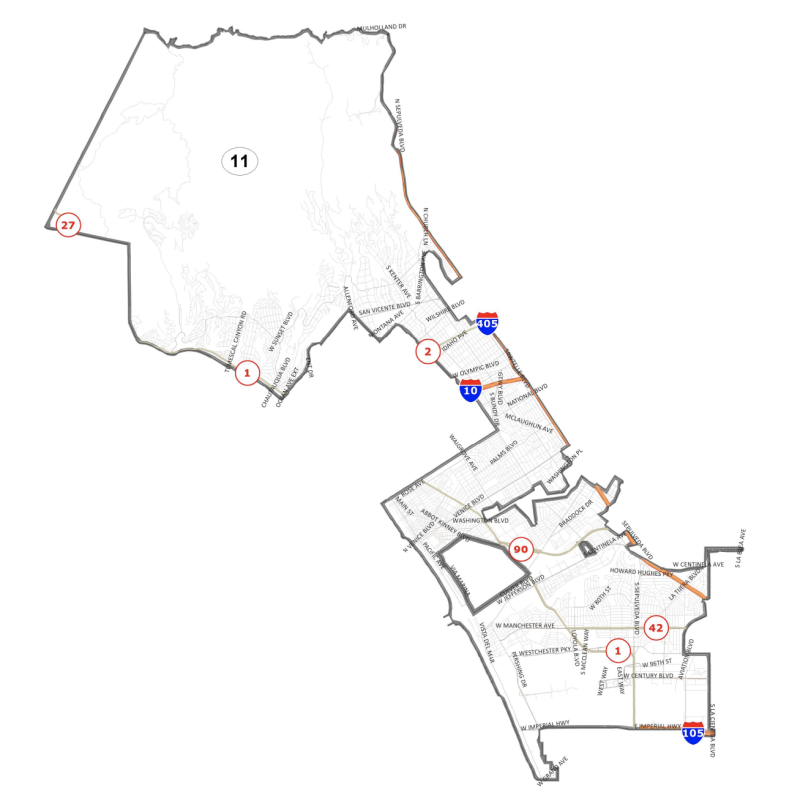 Map shows boundaries of District 11 which include all or part of the following Westside neighborhoods:s, Venice, Mar Vista, Westchester, Playa del Rey, Brentwood, Del Rey, Playa Vista, Ladera, Sawtelle,and the Pacific Palisades. 