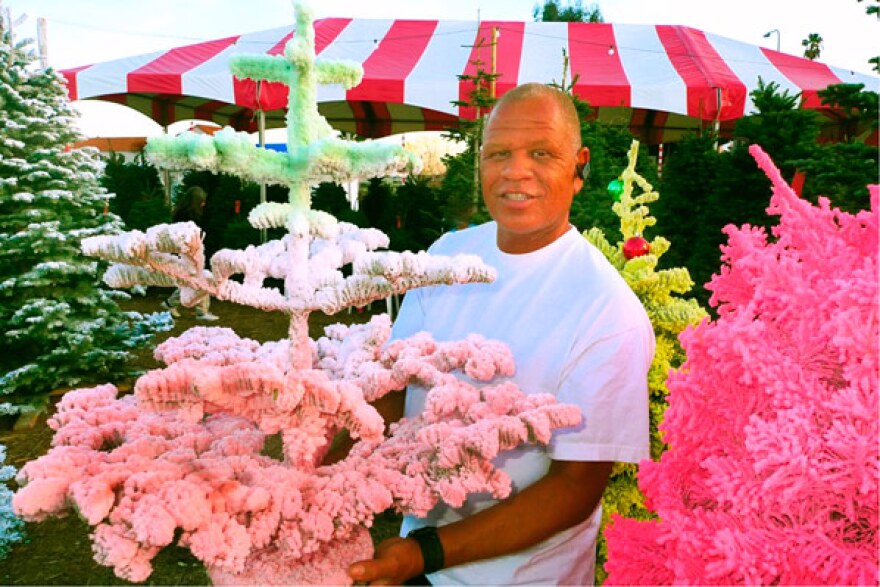 Flocker Larry Deminter, featured by Charles Phoenix, who is giving more of his famous Retro Holiday Slide shows this month. (Find out more at CharlesPhoenix.com.) Off-Ramp host John Rabe and husband Julian Bermudez plan an all-white flocked Christmas tree with blue ornaments this year. Watch this space for photos, and comment below if you think it's a tacky idea. 