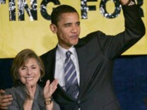 Presidential candidate Sen. Barack Obama, D-Ill., right, waves as Sen. Barbara Boxer, D-Calif., left, smiles during her re-election campaign reception in San Francisco, Monday, Feb. 19, 2007. 
