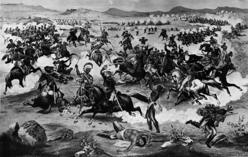 June 25, 1876:  General Custer and Crazy Horse (center) during the battle of the Little Big Horn between the U.S. Army and Sioux Native Americans commanded by chief Crazy Horse. Custer had underestimated the size of the encampment and all his column were killed. Original Artwork: Painting by Feodor Fuchs Entitled Custer's Last Charge