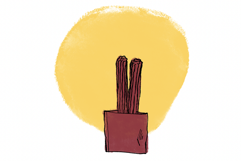 A line drawing of 2 churros in a paper bag highlighted in burgundy with a yellow background.