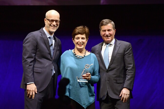 LAS VEGAS, NV - APRIL 02:  (L-R) Nato President & CEO John Fithian, SVP & Chairman of CARA for the MPAA Joan Graves, and MPAA Chairman & CEO Charles Rivkin pose onstage at CinemaCon 2019 The State of the Industry and STXfilms Presentation at The Colosseum at Caesars Palace during CinemaCon, the official convention of the National Association of Theatre Owners, on April 2, 2019 in Las Vegas, Nevada.  (Photo by Matt Winkelmeyer/Getty Images for CinemaCon)