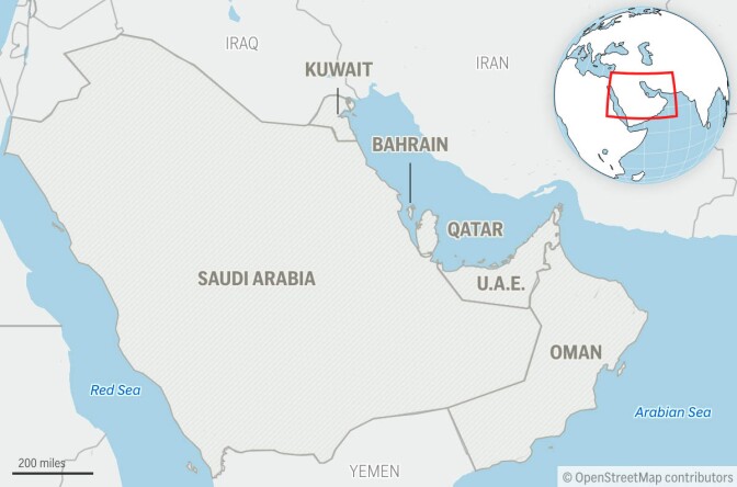 Locator map for the Gulf Cooperation Council member states: Saudi Arabia, Bahrain, Qatar, Oman, Kuwait and United Arab Emirates.