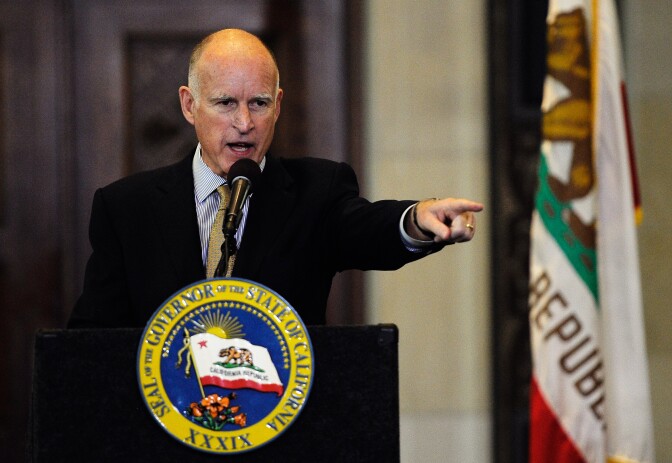 LOS ANGELES, CA - JANUARY 18:  California Gov. Jerry Brown speak during a speech at Los Angeles City Hall to discuss the state budget and a ballot measure to raise taxes following his State of the State speech in Sacramento on January 18, 2012 in Los Angeles, California.  (Photo by Kevork Djansezian/Getty Images)