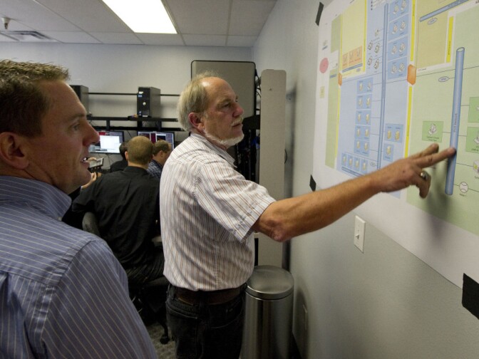 Cybersecurity analysts look at a diagram that shows their computer network, which is coming under attack, during a mock exercise at the Idaho National Laboratory in September.