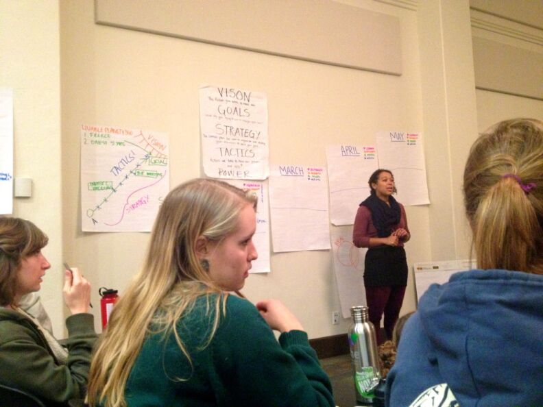 350.org campaigner Deirdre Smith trains students in Claremont to campaign for fossil fuel divestment.