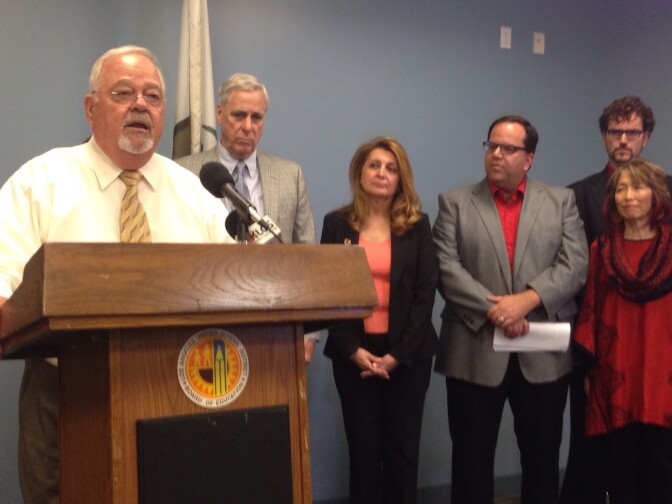 L.A. Unified School Board President Richard Vladovic is joined by United Teachers Los Angeles leaders in a press conference about a new teachers contract.