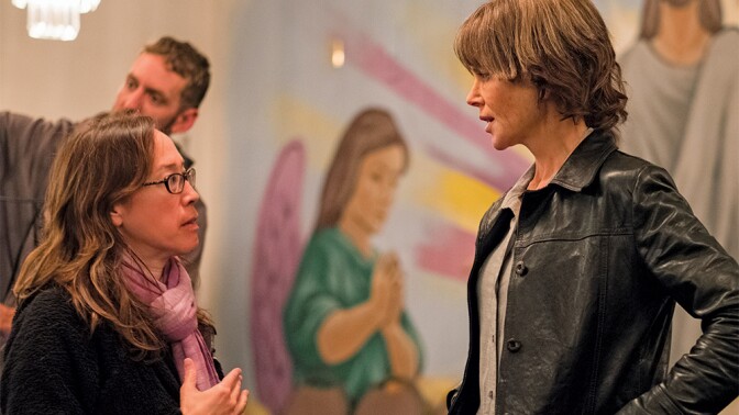 Director Karyn Kusama, left, with Nicole Kidman on the set of "Destroyer."