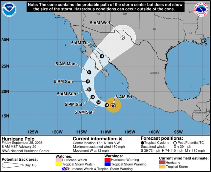 A map and graphic shows the projected path of a hurricane off the coast of Mexico.